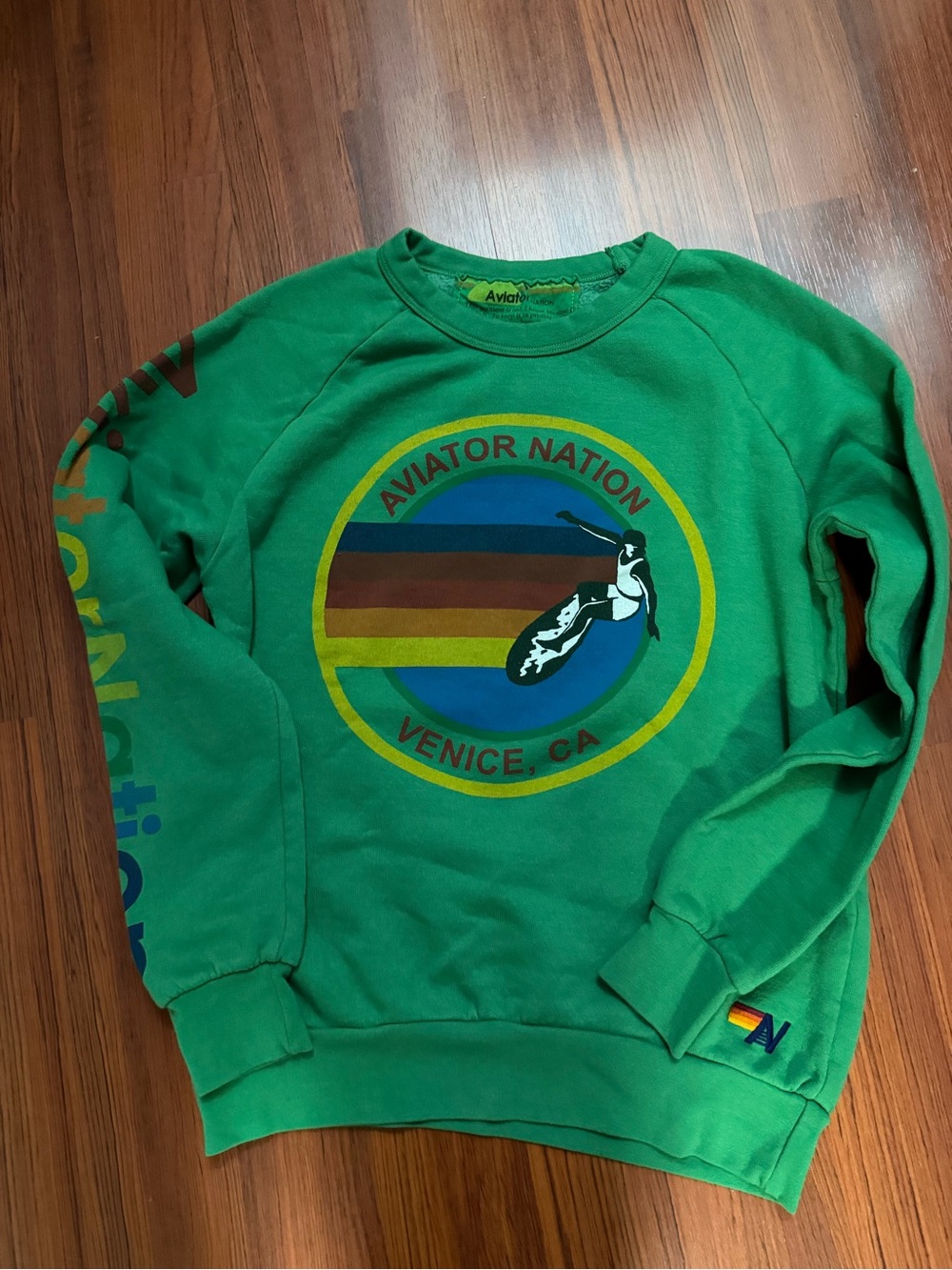 Aviator Nation Green Crewneck with Multicolor Venice Logo